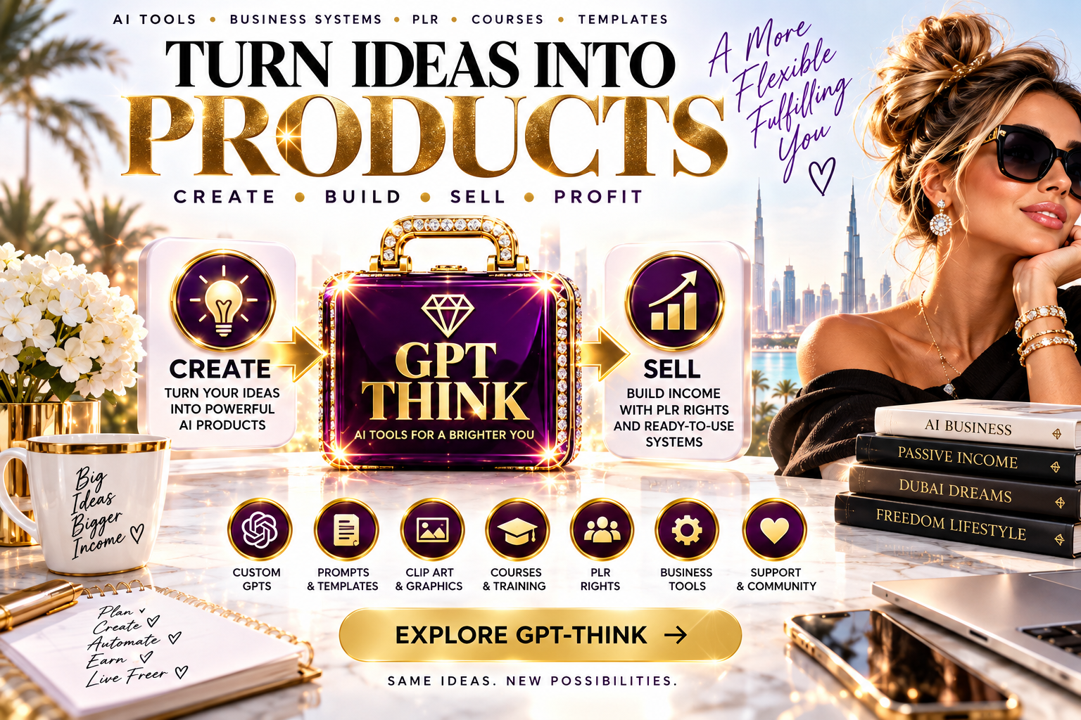 GPT-THINK — Turn ideas into products. Create, build, sell and profit with AI tools, business systems, courses and templates.